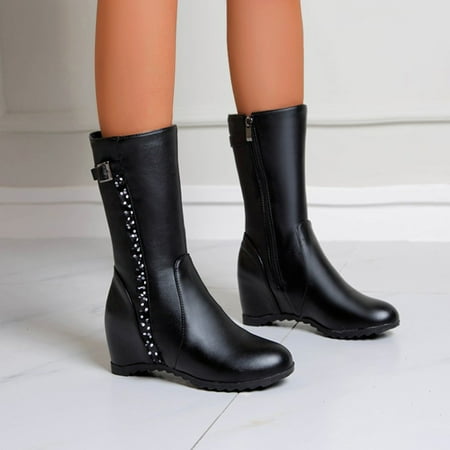 

ERTUTUYI Ladies Fashion Leather Lace Trim Belt Buckle Side Zipper Inner Middle Boots Black 37
