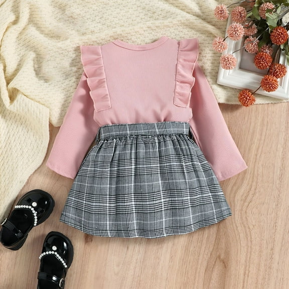 jsaierl Toddler Little Girl Fall Winter Outfit Long Sleeve Ruffle Knit Shirt Top Belt Mini Skirt 2 Piece Plaid Clothes Sets 1T-5T