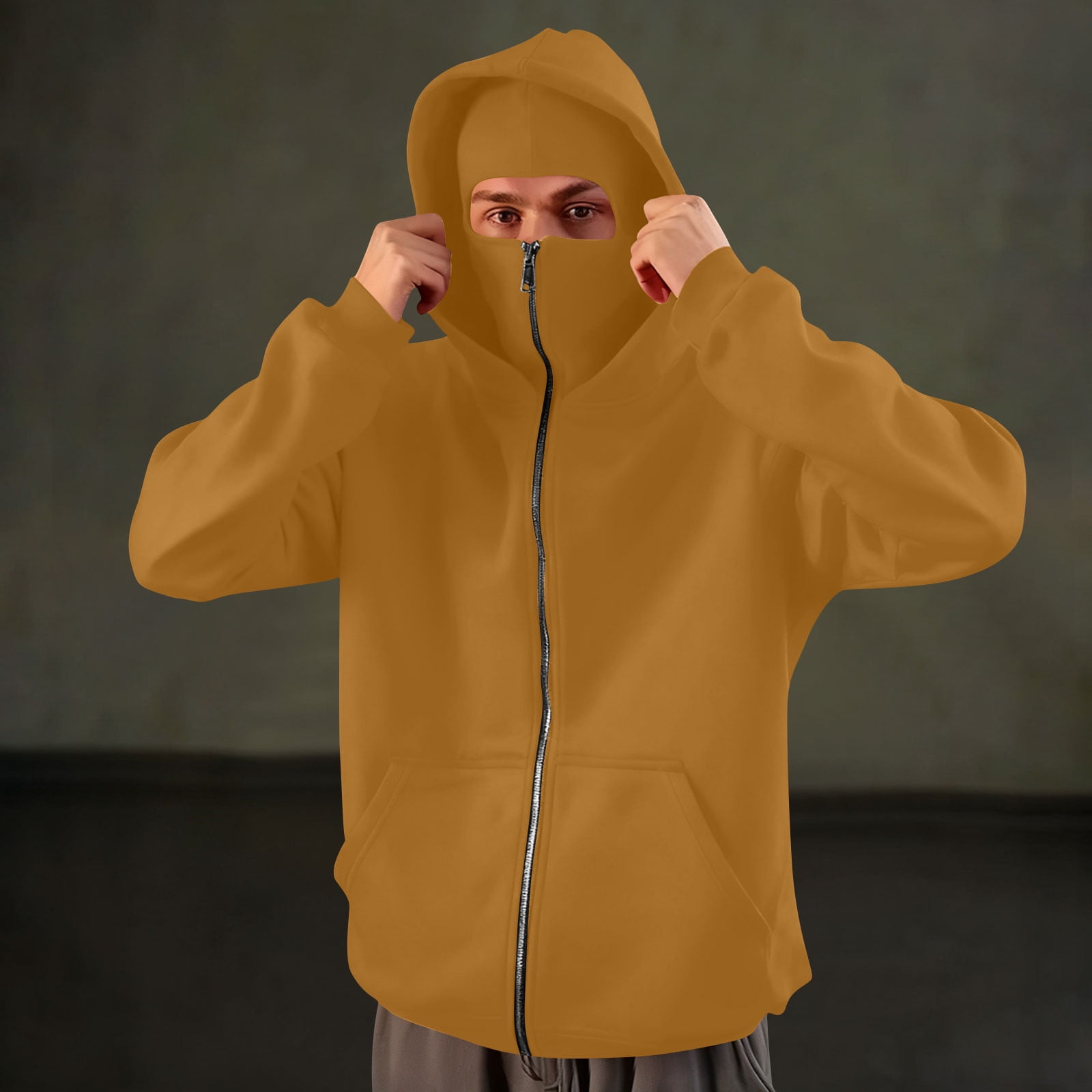 Mens Balaclava Hoodie Winter Double Hooded Zip Jacket Loose Fit Zip Up Fashion Hoodies Jacket Fleece-Lined Hoodie with Built-In Balaclava Wind-Resistant Streetwear Sweatshirt with Ski Mask