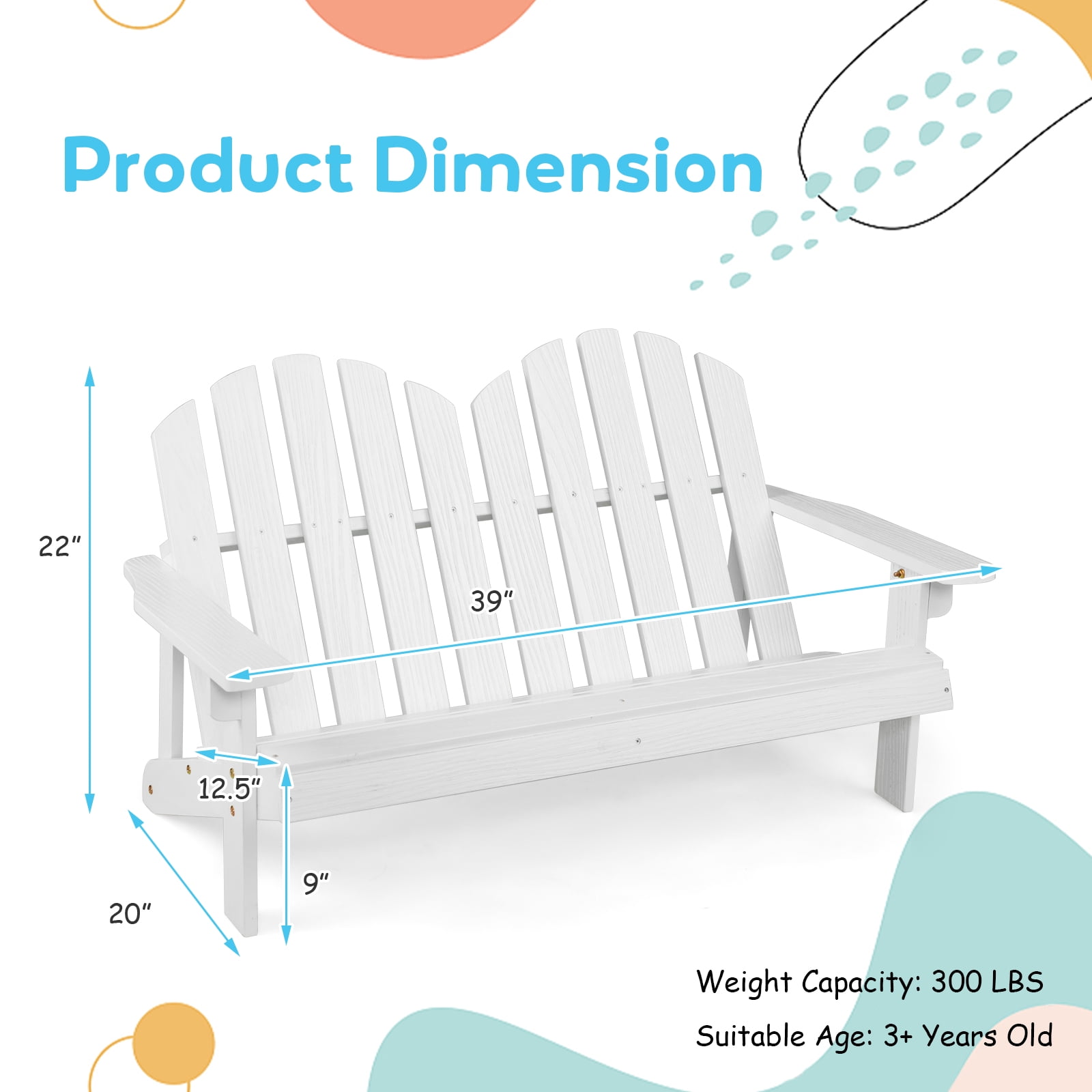 Gymax Kid Adirondack Chair Solid Wood Loveseat Backrest Arm Rest for 2 Person Patio White