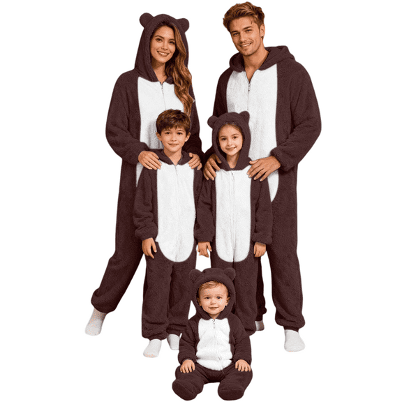 SwiftWear Christmas Matching Family Pajamas Set Festive Onesie with Animal Ears Hood, Xmas Theme Fleece Loungewear Pjs for Home Celebration (Brown)