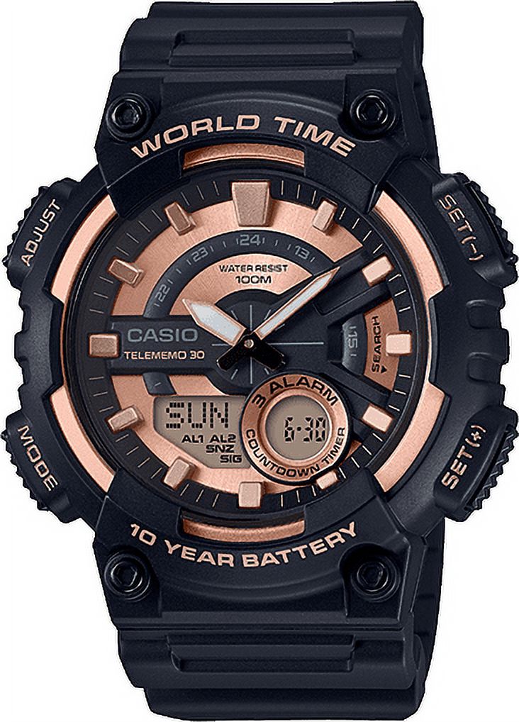 Casio Men's World Time Telememo Black and Rose Gold Sport Watch AEQ110W-1A3V