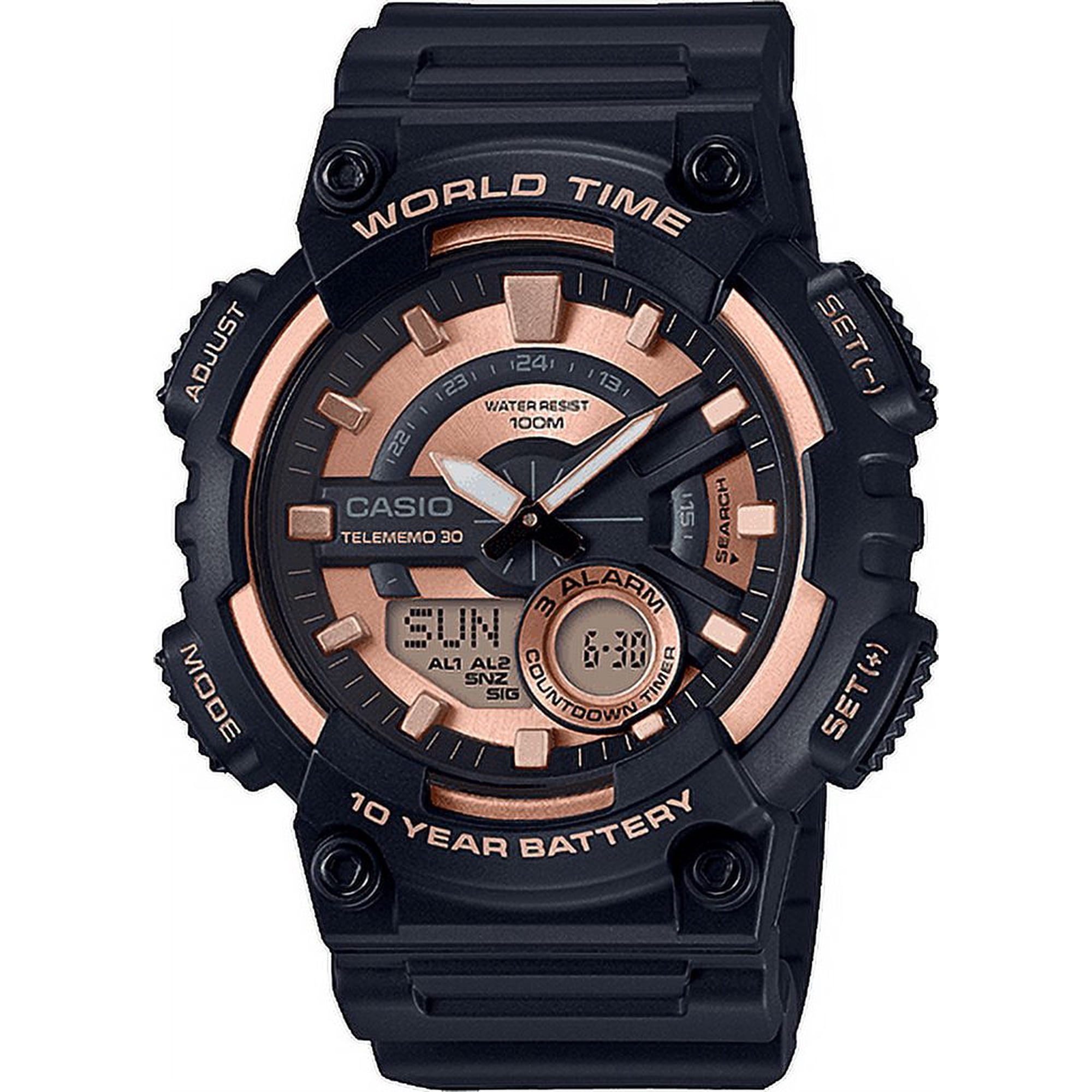 Casio Men's World Time Telememo Black and Rose Gold Sport Watch AEQ110W-1A3V