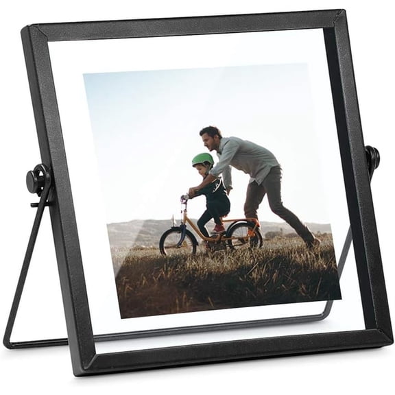 NOGIS Floating Glass Frame,Vintage&Real Glass Photo Frame Collection Metal Geometric Picture Frame Square,Double Glass Desk Vertical Floating Frame 4x4,Full Frame (Black)