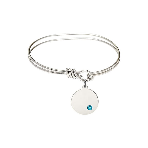 5 3/4 inch Oval Eye Hook Bangle Bracelet w/ Plain Disc medal charm w/ December Blue Swarovski Crystal
