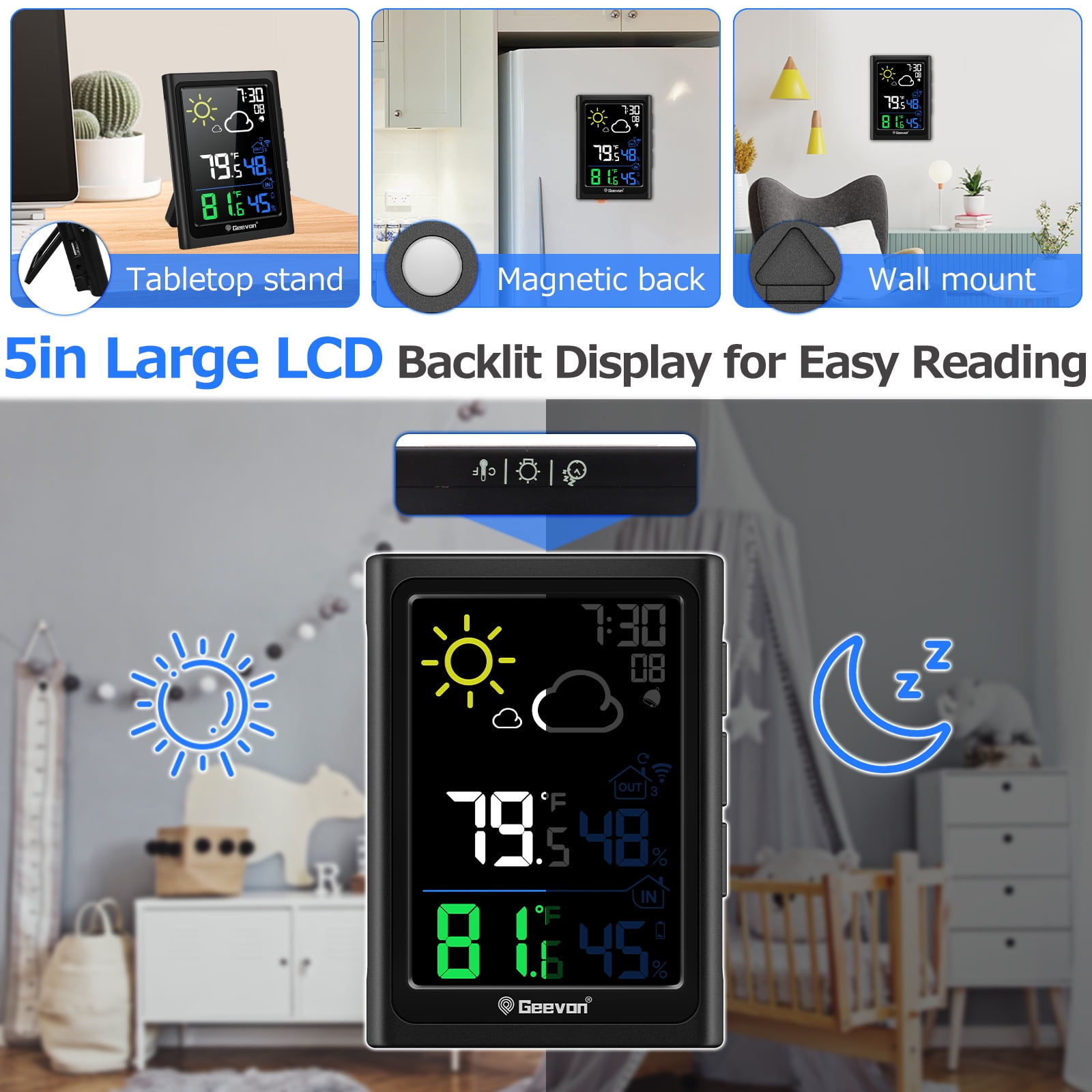Geevon Indoor Outdoor Thermometer Digital Wireless with Color Display, Digital Hygrometer Temperature Humidity Monitor with Alarm Clock and Backlight