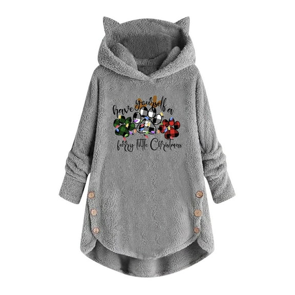 IROINNID Christmas Shirts for Women Christmas Plush Hooded Pullover Long Sleeve Thermal Winter Loose Fit Tops,Gray