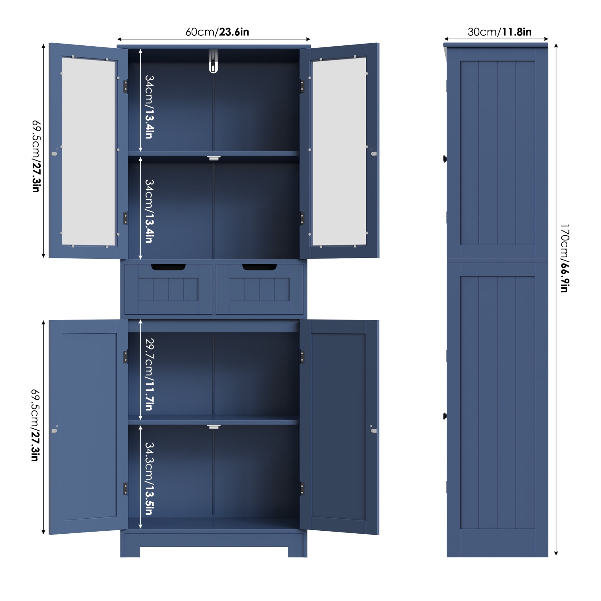 Homfa 4 Doors Bathroom Cabinet, 3-Tier Wood Tall Linen Storage Cabinet with 2 Drawers for Living Room, Blue