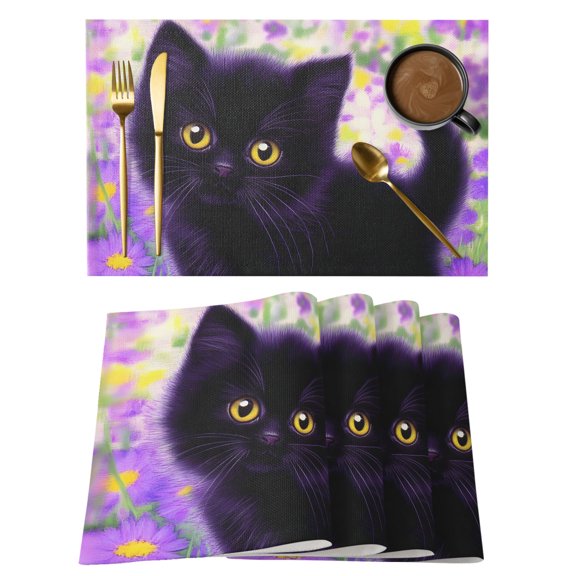 Black Cat Placemats Set of 2, Country Farmhouse Purple Daisies Flowers Green Leaf Non-Slip Place Mats Washable Table Mats for Kitchen Dining Table Decorations Indoor/Outdoor