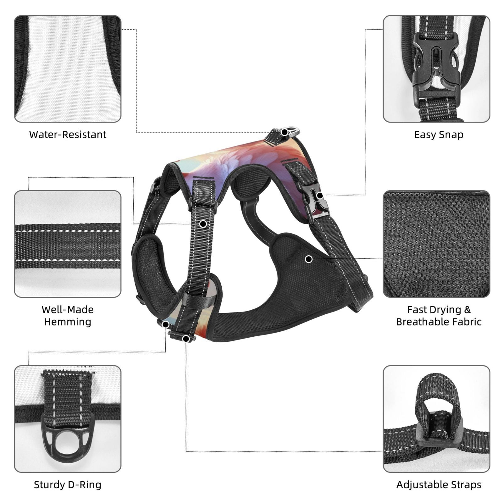 Vsdgher Heart Sky Bird Couple Pattern Dog Harness,No Pull Pet Harness with Soft Padded Handle,Adjustable Reflective Vest with 2 Buckles,4 Slide Buckles,S-XL