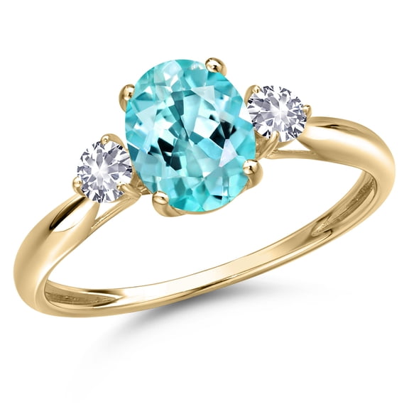 Gem Stone King 10K Yellow Gold Blue Apatite and White Created Sapphire 3-Stone Ring for Women | 1.46 Cttw | Oval 8X6MM | Gemstone Birthstone | Size 7