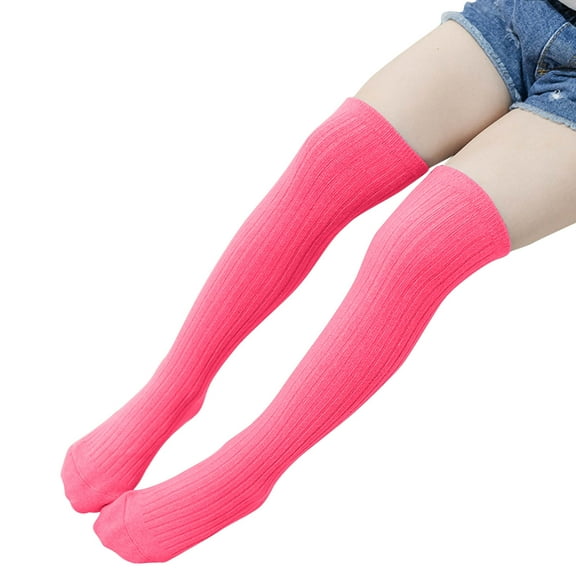 Xfvqtps Girls Knee High Socks Over Knee Solid Color Pinkycolor High Tube Non Slip Comfortable Breathable Soft Cotton Socks for 3-12 Years Hot Pink