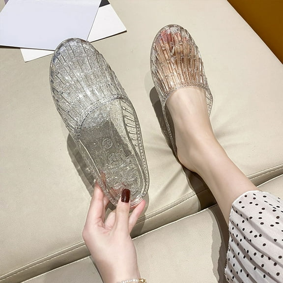 WIZUTIZ Flat Sandals for Women Comfortable Sandals for Women Athletic Comfort Stretchy Hollow Out Shiny Sandals Pull-On Shoes Mid Heel (2"-3") Wide Solid Sandals for Ladies Vacation White