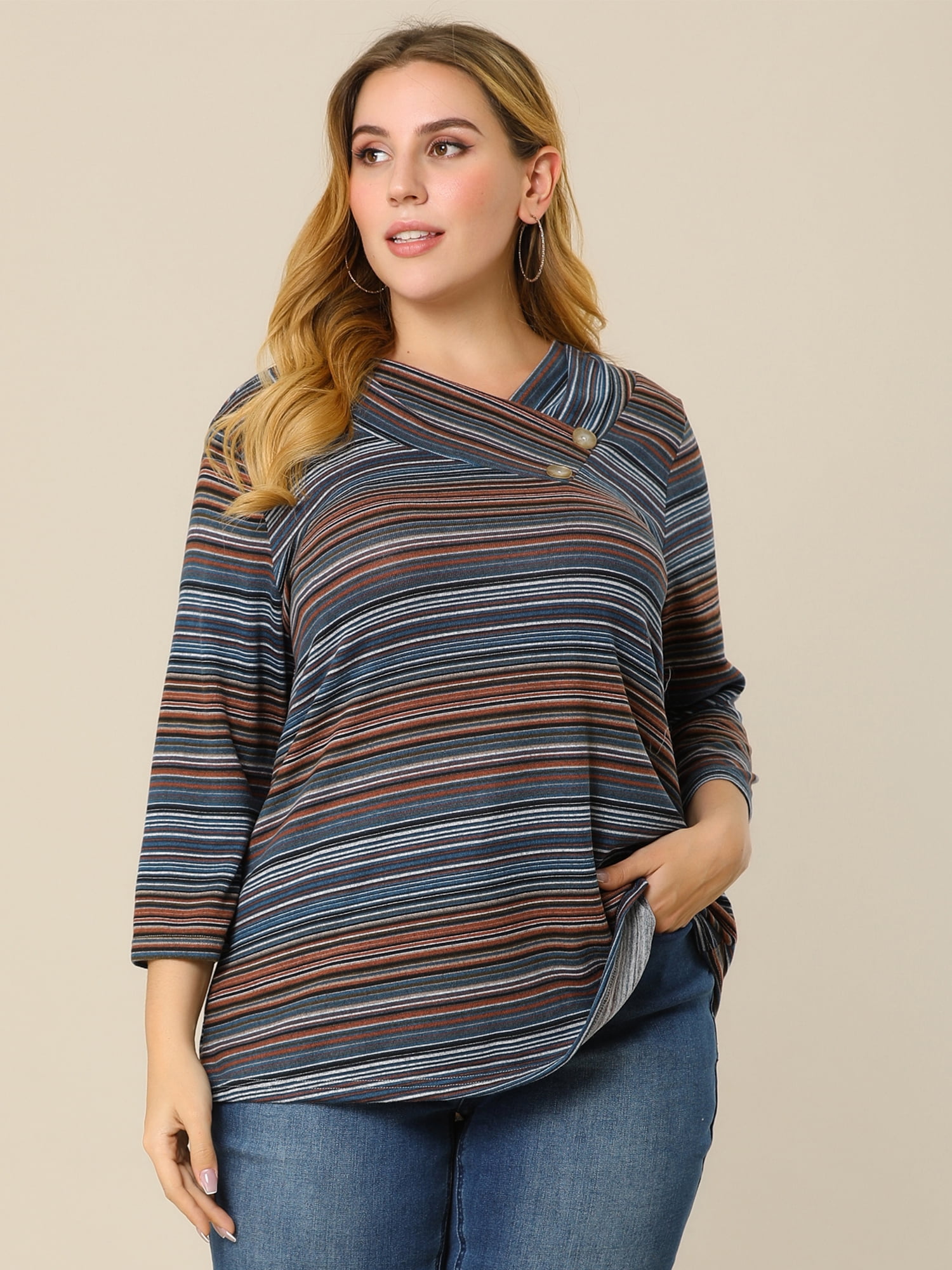 DARING DIVA Women's Plus Tunic Top V Neck Stripe Boho Knit Blouse L Blue