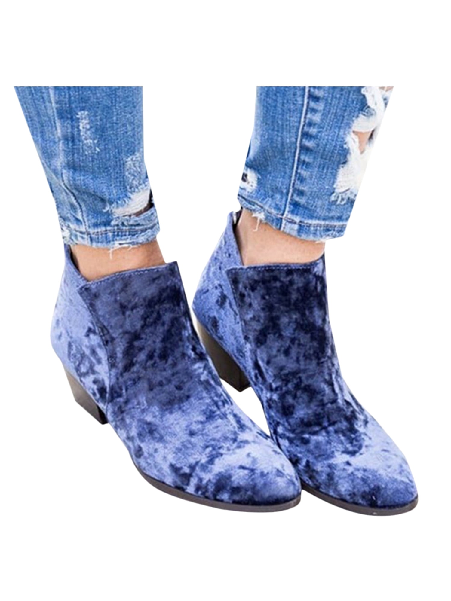Women's Casual Booties Low Heels Block Ankle Boots Round Toe Zip Up Shoes Size 