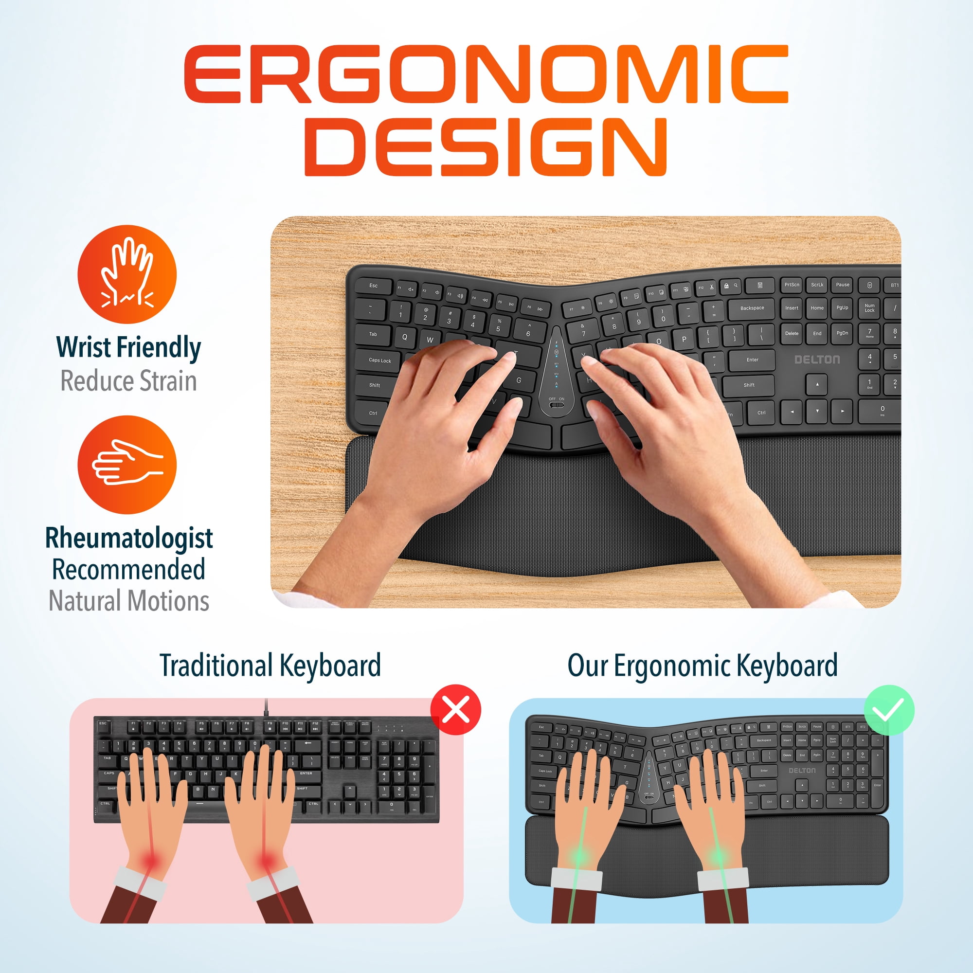 Delton KB250 Ergonomic Wireless Keyboard with Cushioned Palm Rest, Natural Typing Full-Size Rechargeable Keyboard, Bluetooth & USB Connectivity, Compatible for Laptop/PC/Tablets/Smartphone - Black