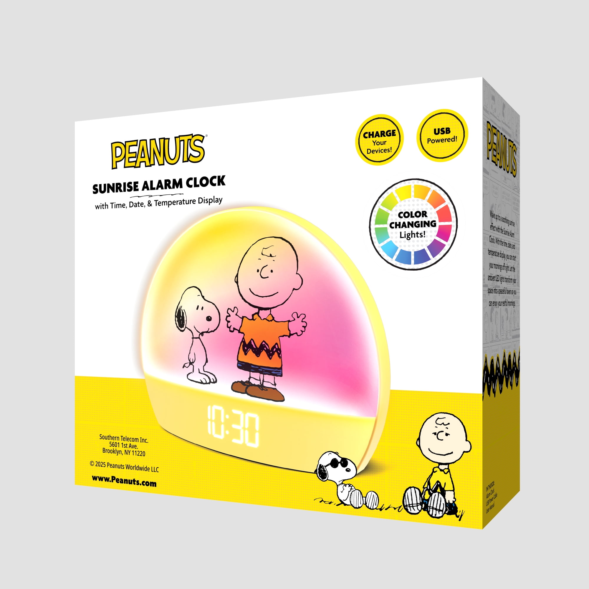 Peanuts Snoopy Sunrise Alarm Clock – Vibrant Snoopy Edition with Multicolor Lights, USB Charging, LED Display, Gentle Wake-Up Simulation, and Handy Snooze Function, Yellow