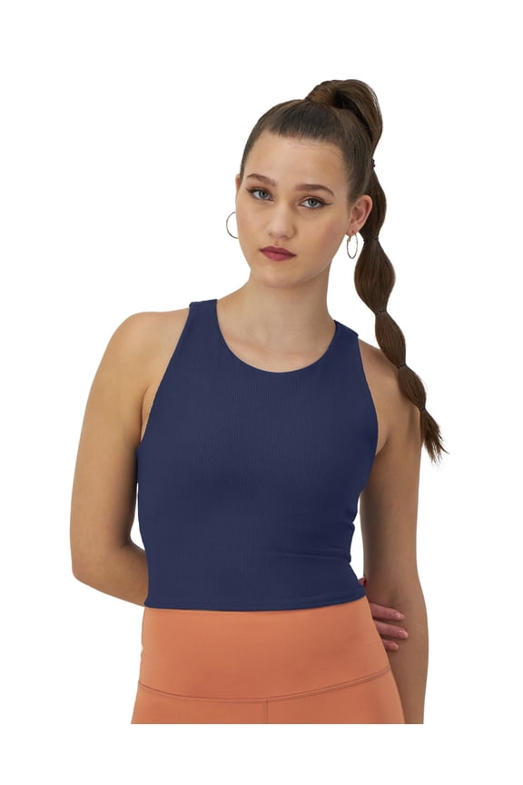 Womens Ribbed Soft Touch Crewneck Racerback Crop Top Blue Size L NWT