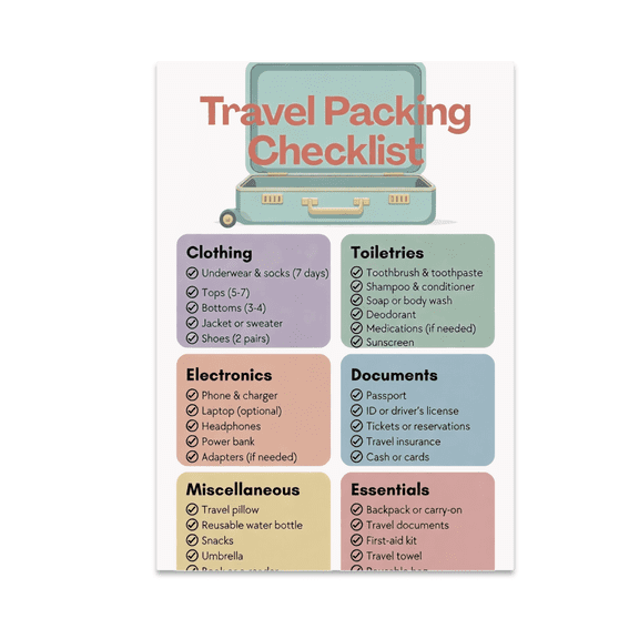Travel Packing Checklist Poster - Travel Enthusiast - 13x19 Poster Print