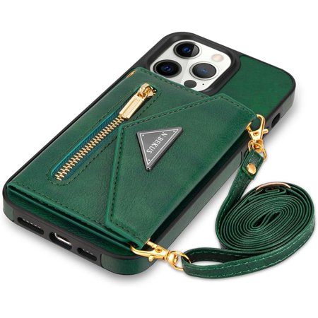 Zipper Wallet Purse Compatible with iPhone 15 Pro Max Crossbody Case with Strap Women Credit Card Holder Lanyard 6.7'' Kickstand Flip Leather (Green, IP 15 Pro Max)