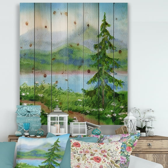 Designart 'Landscape River Spruce Near The Trail On A Hill' Traditional Print on Natural Pine Wood