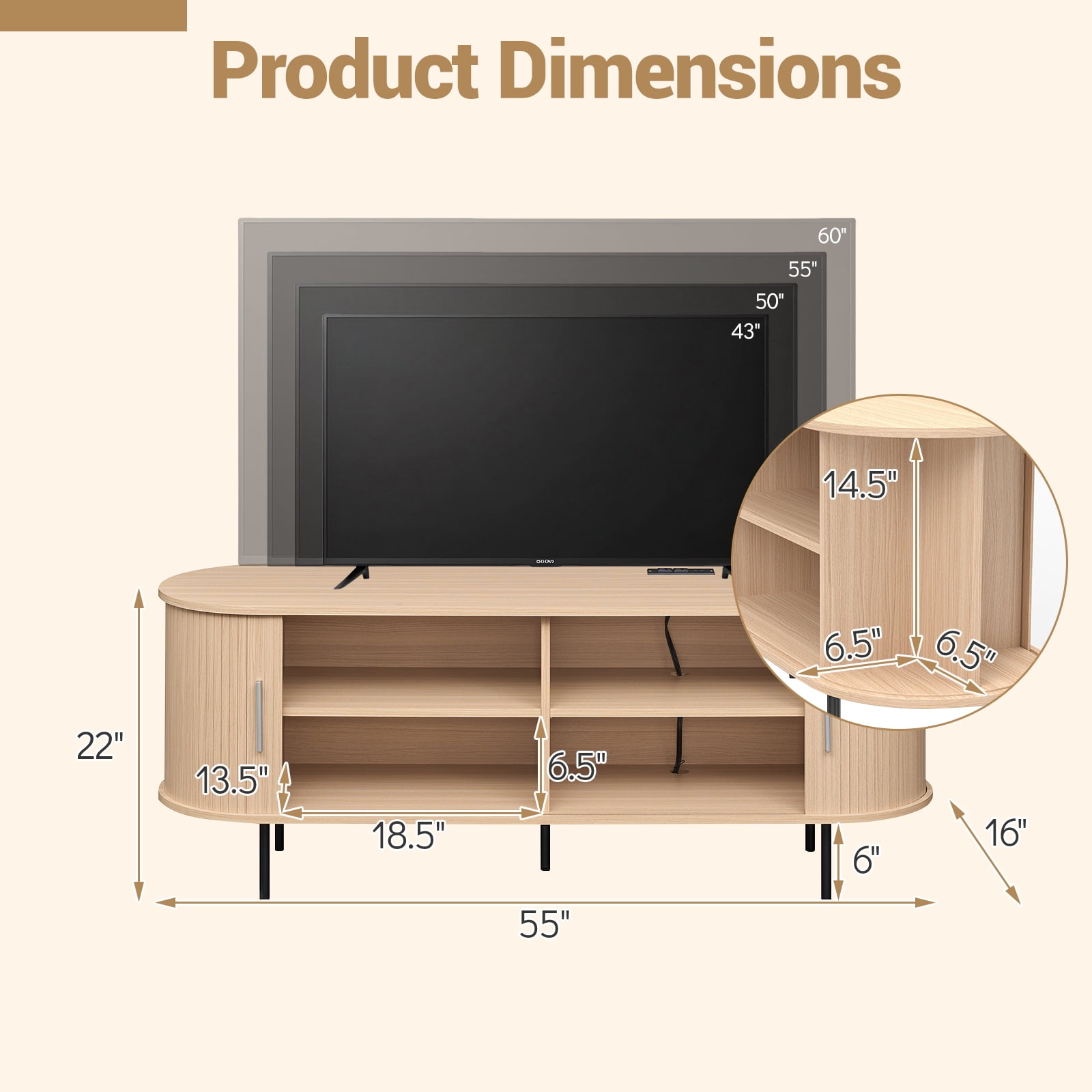 Costway Fluted TV Stand for TVs up to 60”, Mid Century Curved Entertainment Center Natural