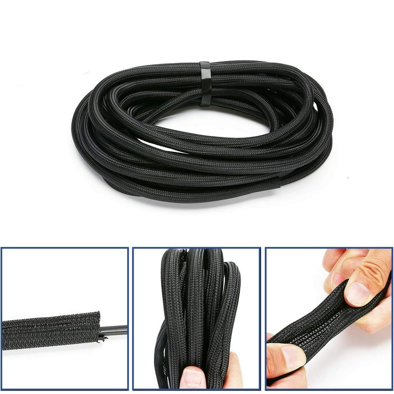 Black Cable Tidy Sleeve(Length 10ft, Diameter 1/2 to 1 Inch Expandable),  Braided Cable Sleeve Split& Self-wrap Sleeving for Usb Cable Power Cord  Audio
