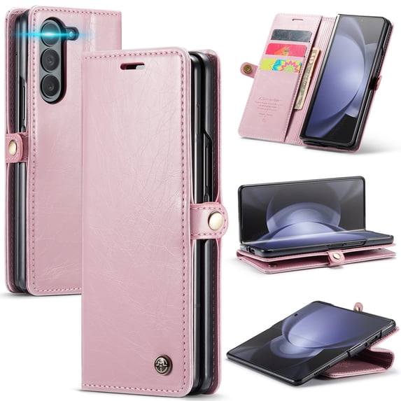 SaniMore for Samsung Galaxy Z Fold 5 (7.6" 2023) Case, PU Leather Auto-magnet Full Protection Flip Kickstand Card & Cash Slots, Retro Shockproof Anti-fall Wallet Business Shell, Pink