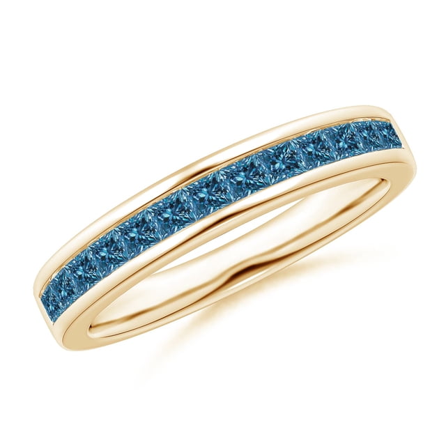 Angara Natural Blue Diamond Ring - Channel Set Princess Enhanced Blue Diamond Half Eternity Ring in 14K Yellow Gold for Women (Ring Size = 9.5)