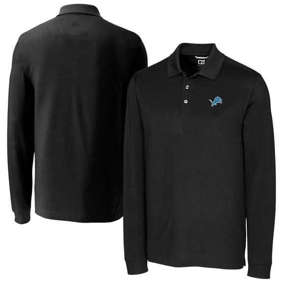 Men's Cutter & Buck Black Detroit Lions Big & Tall Advantage Eco Pique DryTec Tri-Blend Long Sleeve Polo