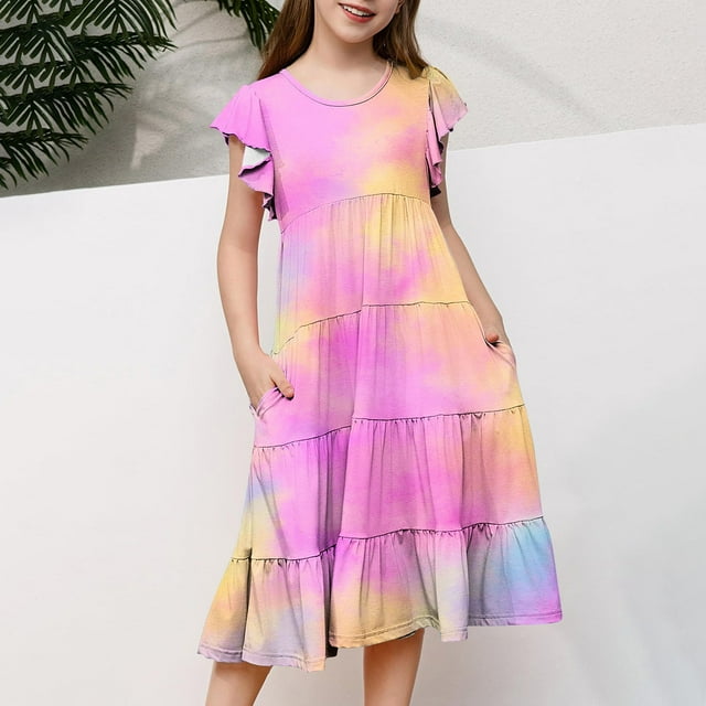 Milgrthf Robe Maxi Teinture sur Nœuds pour Filles Été à Manches Courtes à Volants Col Ras du Cou Robes Superposées pour 6-12 Ans Rose