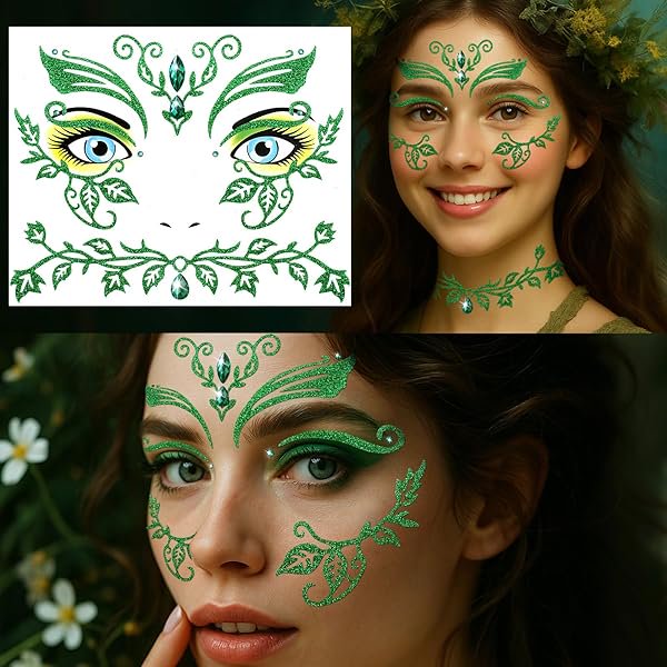 wonima02 Face Gems Stickers Women for Ivy Costume - Glitter Green Face Jewels Stickers Tattoos for Halloween Vampire Fairy Makeup - Eye Gems Stick on Temporary Accessories (1 Piece)