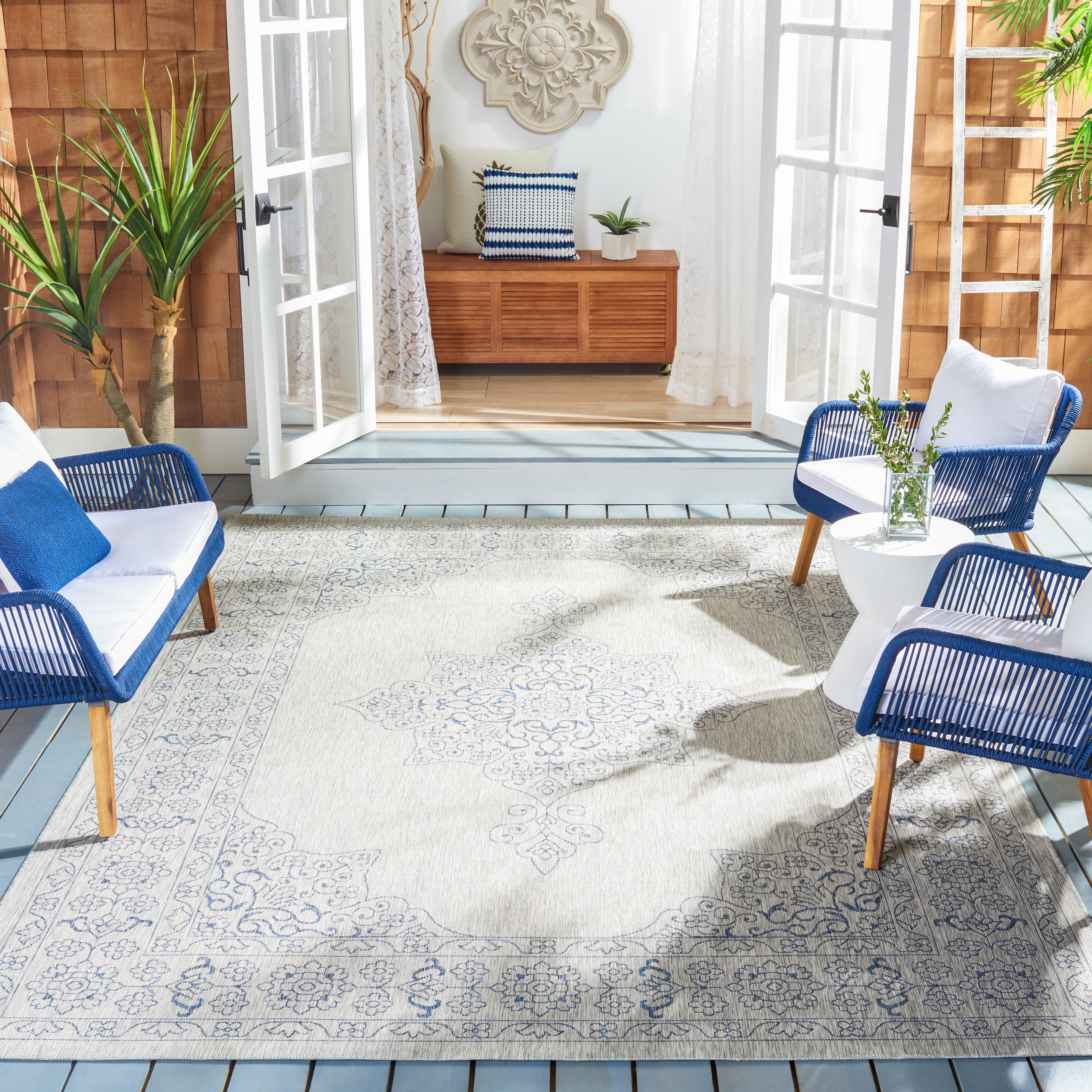 Safavieh Courtyard Delbet Medallion Indoor/Outdoor Area Rug, Gray/Navy, 6'7" x 6'7" Square