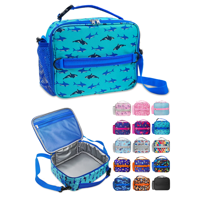ComfiTime Bolsa de Almuerzo para Niños: Lonchera Térmica Reutilizable con Bolsillos, Portabotellas, Asas Acolchadas y Correa para el Hombro (Tiburón Azul)