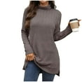 thumbnail image 2 of Womens Tops High Neck Loose Long Sleeved Knitted Solid Color Slit T-shirt Long Top,Tops for Women Coffee S, 2 of 6