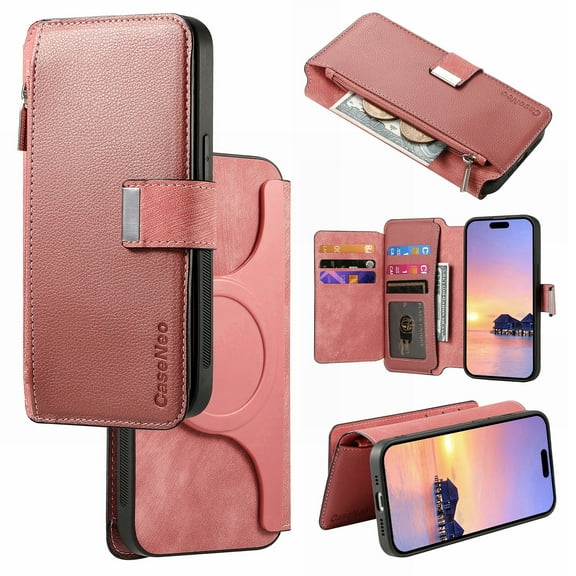 Cutyskin For Samsung Galaxy S24 Ultra For Men/Women, [Compatible with MagSafe] with RFID Blocking Card Holder, Leather Zipper 2 in 1 Detachable Magnetic Phone Case, Pink