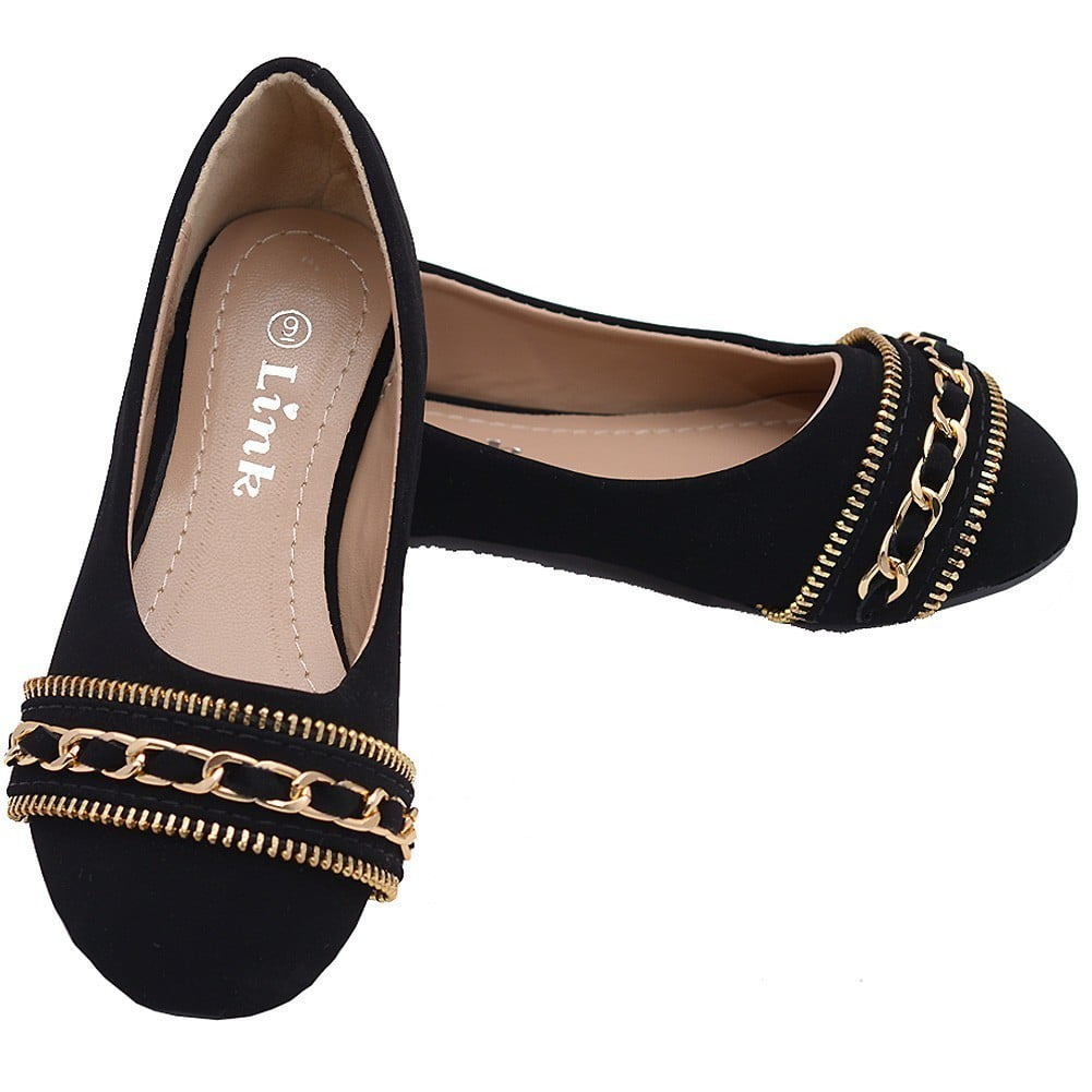 black flats with gold chain