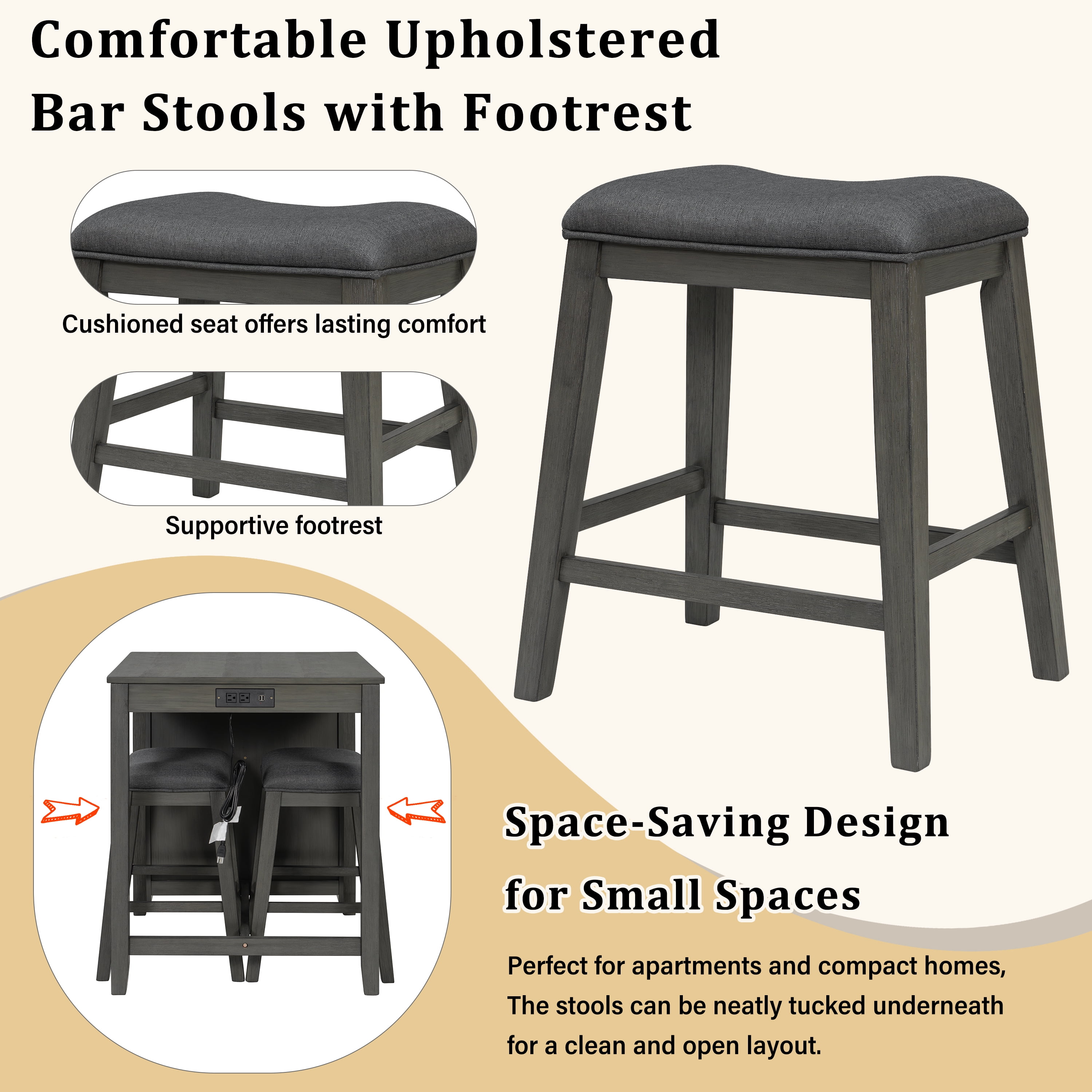 36" Height Bar Table Set with Power Outlet, Industrial coffeeTable with 2 Padded Stools, 3 Piece Bar Table and Chairs Set for Living Room, Dining Room, Brown
