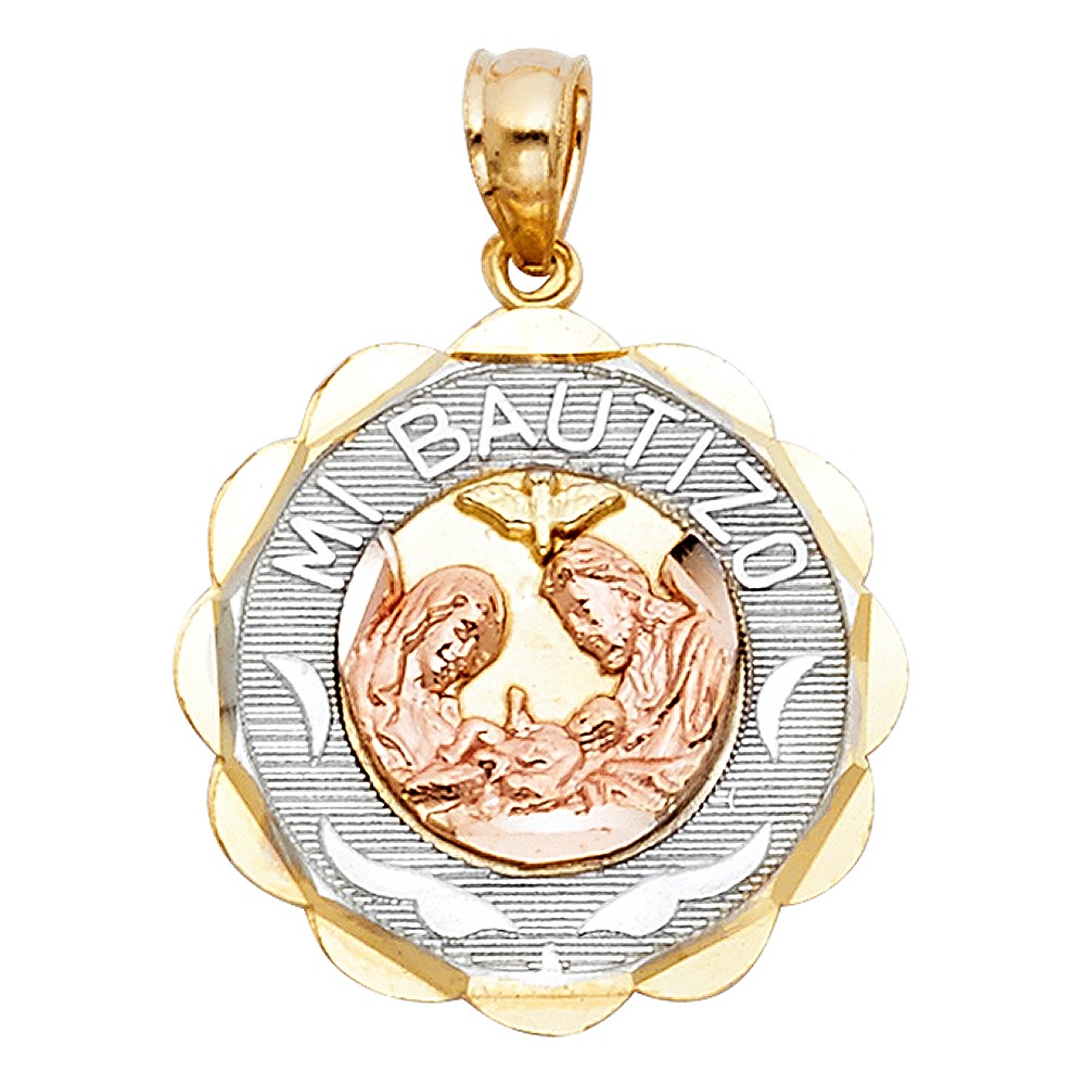 14k Tri Color Italian Gold Diamond Cut Baptismo Flower Charm Pendant 20mm