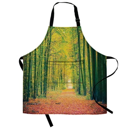 

Autumn Apron with 2 Pockets Waterproof for Men Women Kitchen Garden Decor Autumn Road to Warm Fall Colors Rural Print Apron with Adjustable Neck Green