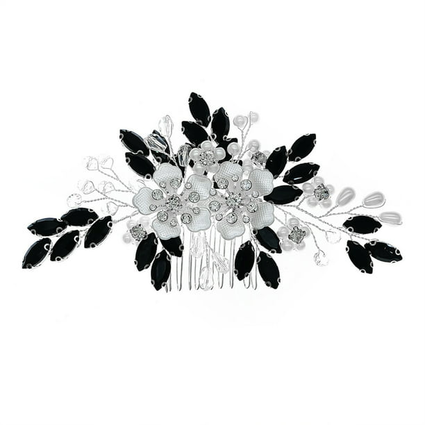 10 Teeth Hair Side Combs White Flower Ornaments with Black Rhinestones for  Banquet Wedding Dresses Skirts 