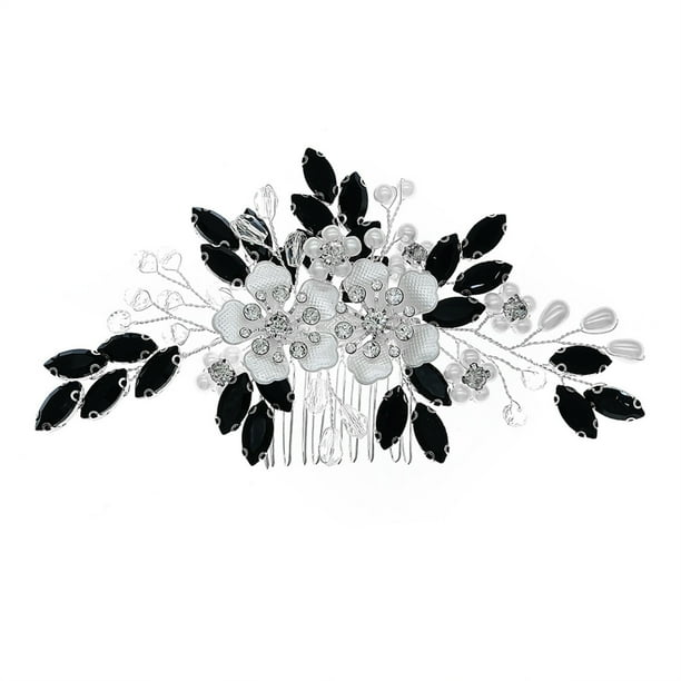 10 Teeth Hair Side Combs White Flower Ornaments with Black Rhinestones for Banquet Wedding Dresses Skirts 10 Teeth Hair Side Combs White Flower Ornaments with Black Rhinestones for Banquet Wedding Dresses Skirts