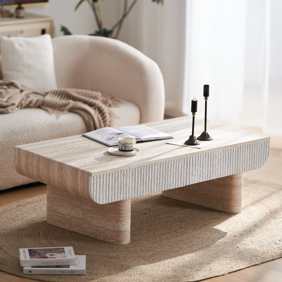 47" Coffee Table with 2 Fluted Drawer, Rectangular Faux Marble Center Table, Modern Wood End Table for Living Room Apartment Office,Beige