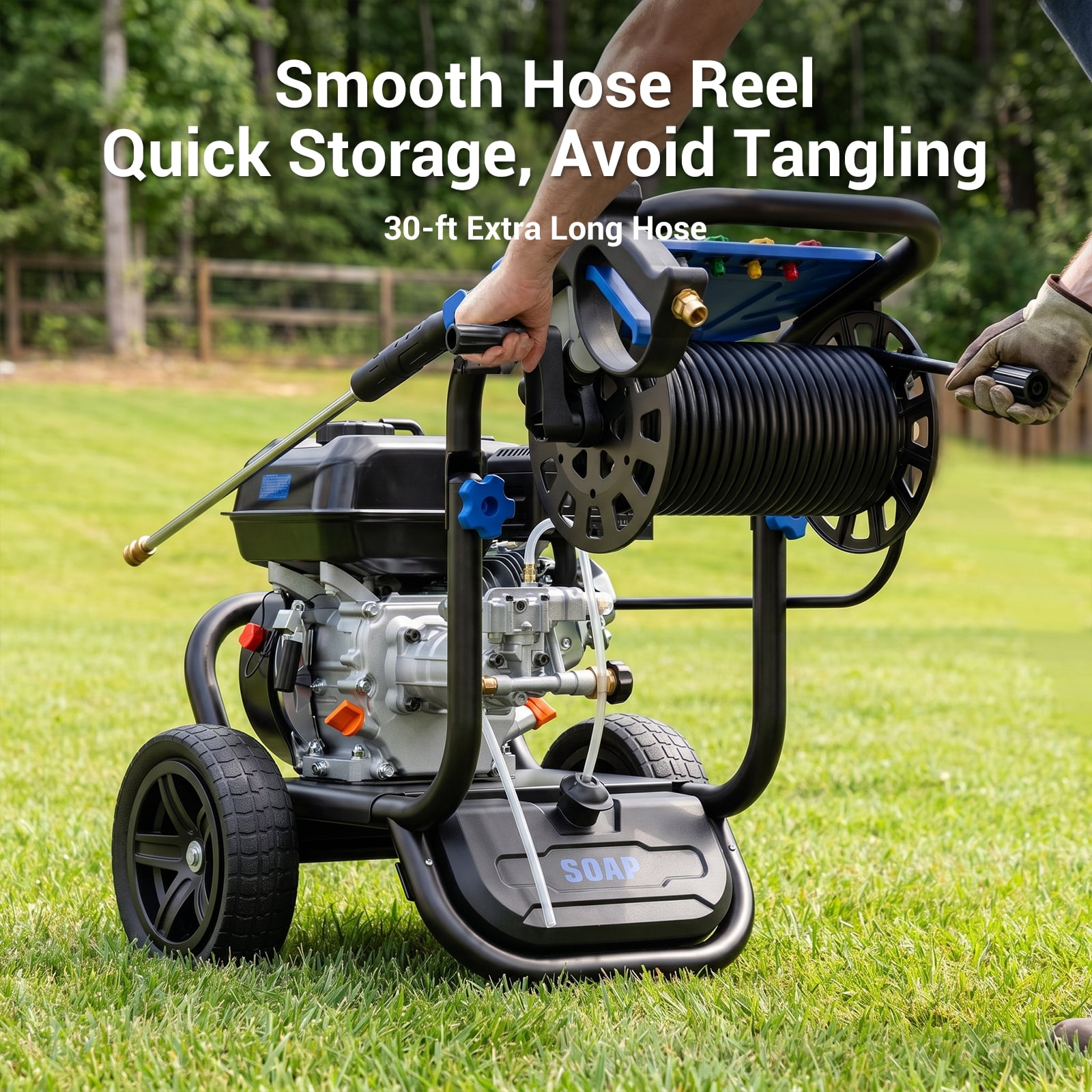 Efurden Gas Pressure Washer with Hose Reel, 3600PSI 2.3GPM, 212CC Heavy Duty Engine, 30FT Hose, 5 Quick Connect Nozzles for Garden Cleaning