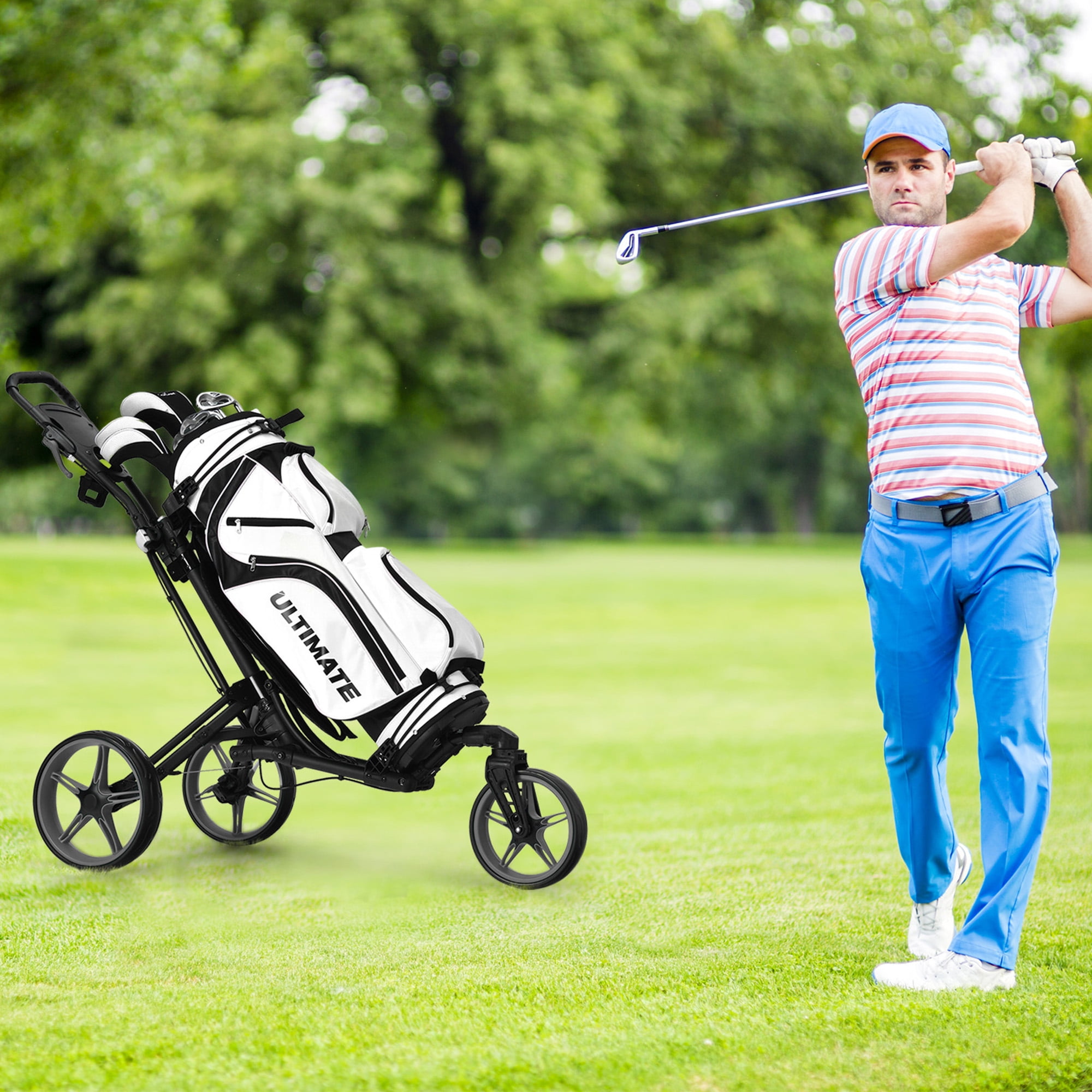 Gymax Foldable 3-Wheel Golf Push and Pull Cart Trolley with Adjust Handle Brake, Gray