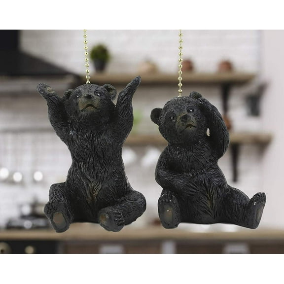 Ebros Set of 2 Ceiling Fan Metal Pull Chain Black Bears Knob Handle 3" High