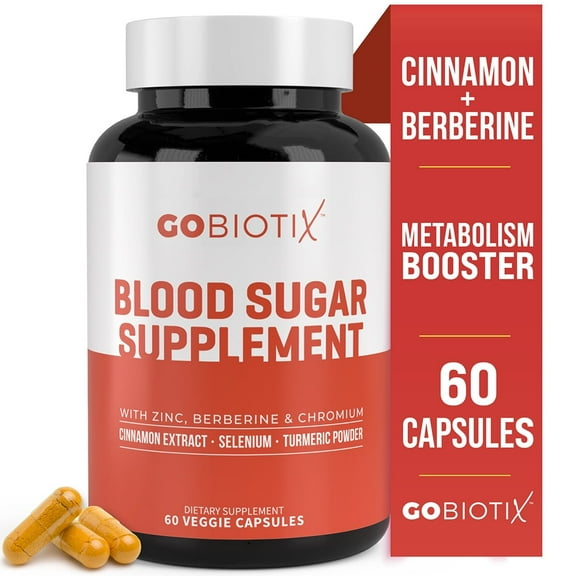 GoBiotix Blood Sugar Complex with Berberine, Cinnamon, Zinc, Selenium, Turmeric & Chromium, Dietary Supplement, 60 Pills, Metabolism Booster