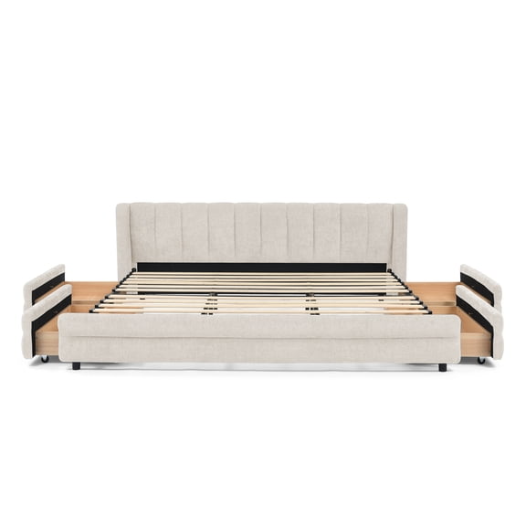 ROOMARK King Size Upholstered Bed Frame with Thick Fabric, comfortable upholstered bed frame, Chenille fabric, with headboard and solid bed frame. With drawer for storage