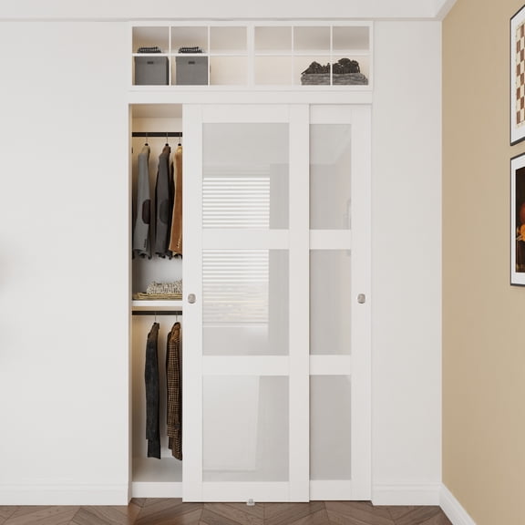48" x 80" Pantry Closet Sliding Doors with Installation Hardware Kit With Circled Handles (Black or White)
