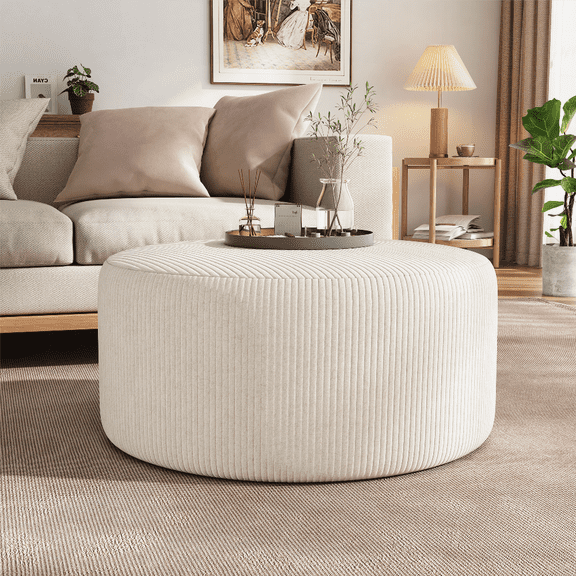 Upholstered Round Ottoman in Beige Corduroy | Multi-Functional Furniture